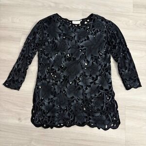 Cache Women Blouse Black Floral Cut Out Lace Long Sleeve Top Scalloped Hem Siz S